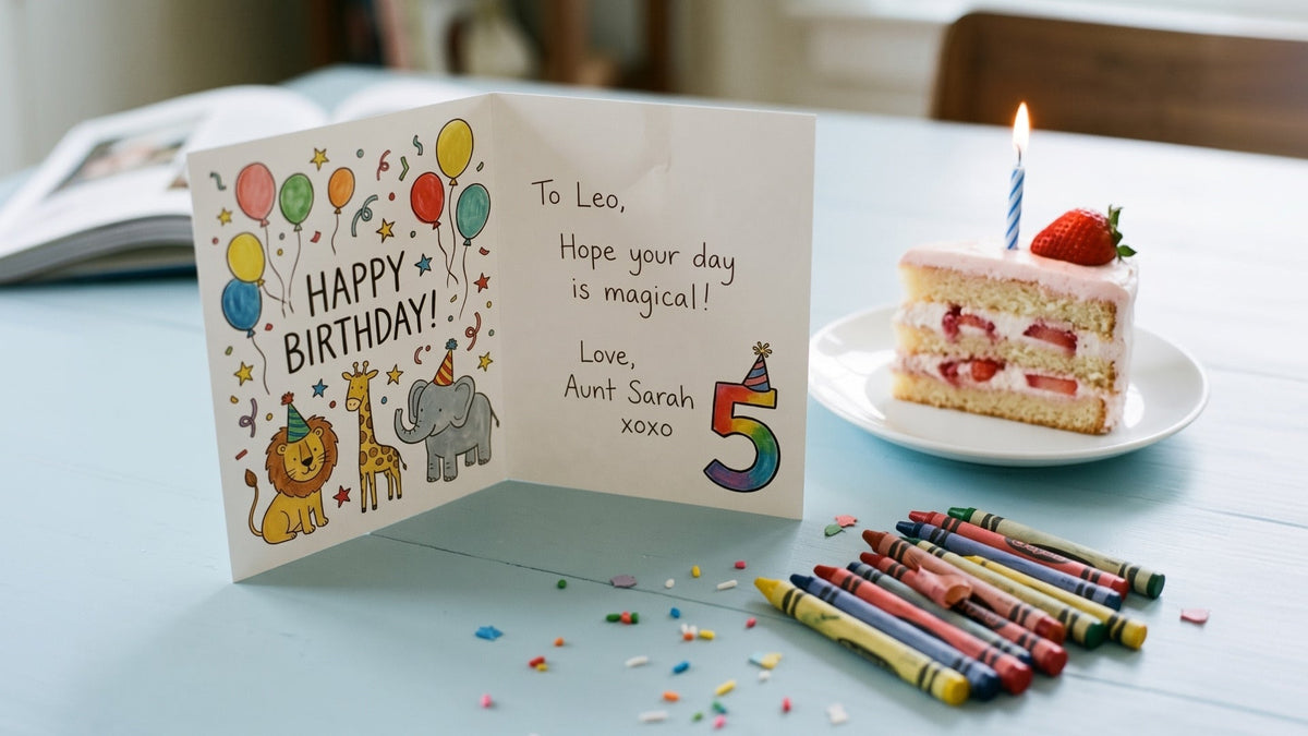 Open kids birthday card with animal drawings and a handwritten message from an aunt, next to a slice of birthday cake and crayons