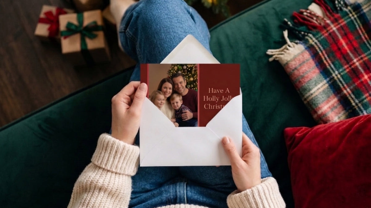 Hands holding a printed Christmas photo card half out of a white envelope on a green sofa