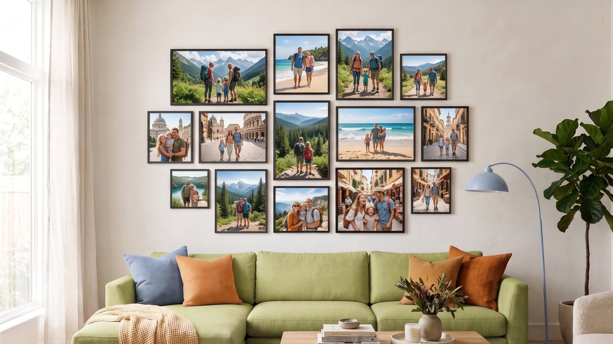 Gallery wall of black-framed family travel photos in mixed sizes above a green sofa