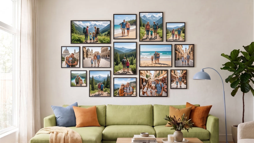Gallery wall of black-framed family travel photos above a green sofa