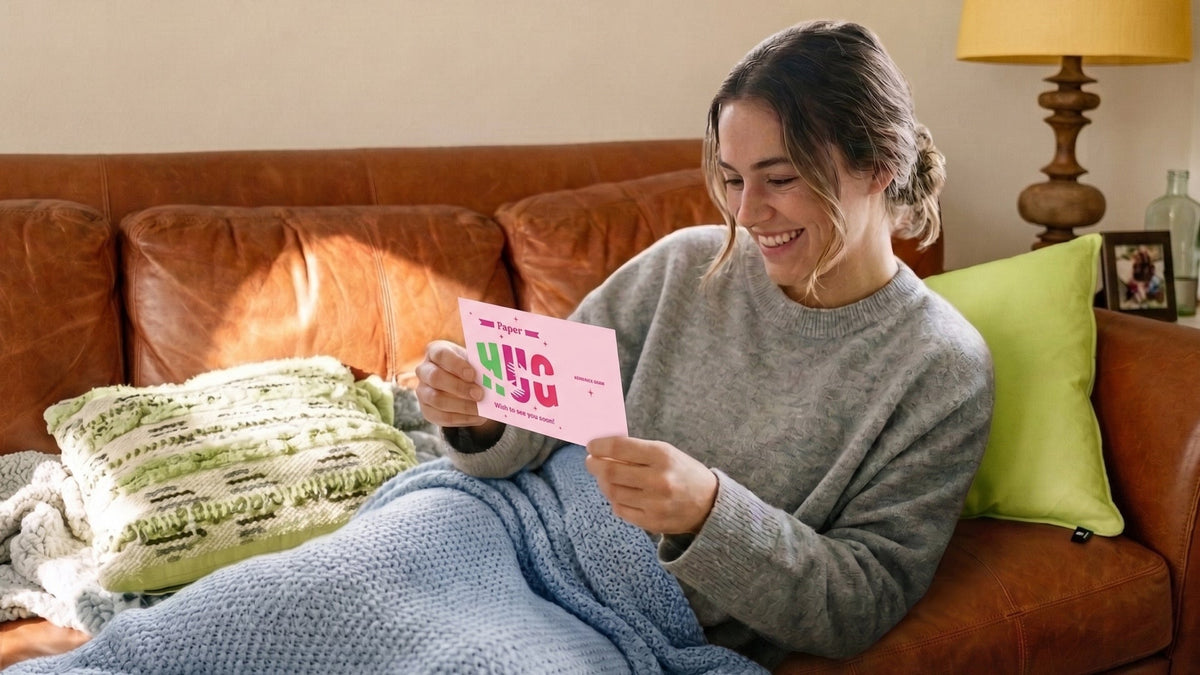 Smiling woman under a blanket on a sofa reading a pink get well card