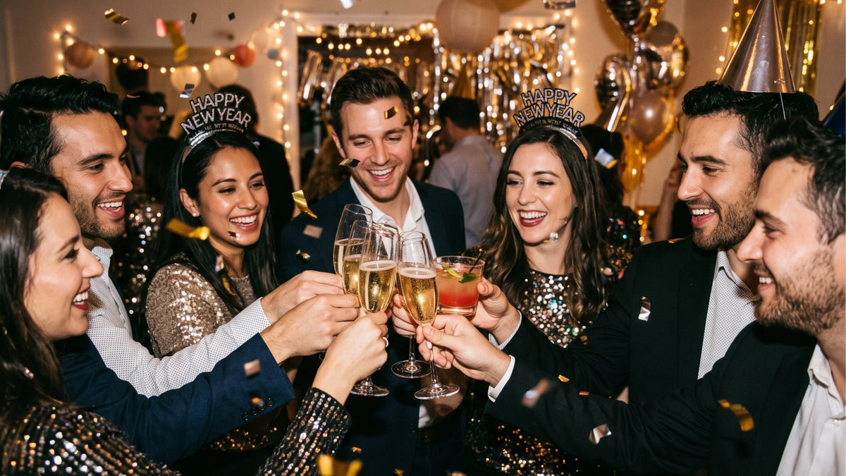 Friends in party hats and Happy New Year tiaras raising glasses under gold balloons and fairy lights