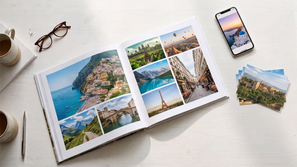 Open photo book of travel photos on a white desk next to a phone and a stack of printed photos