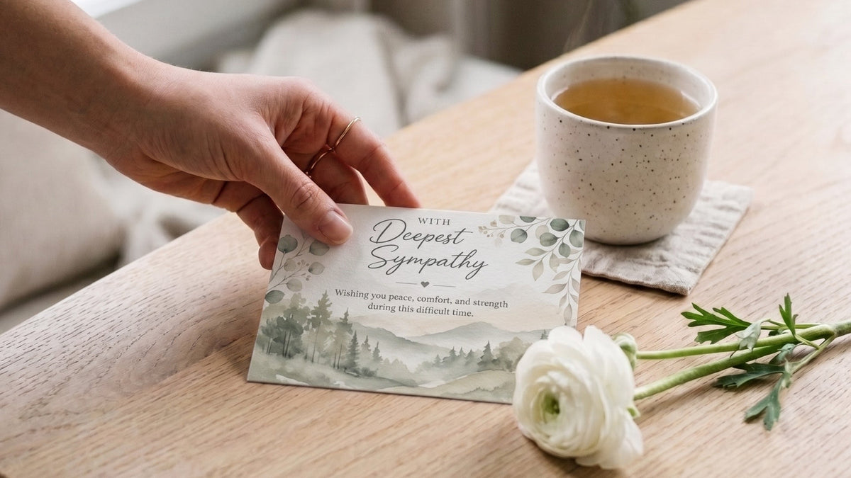 Hand placing a printed sympathy card with a watercolour forest design beside a cup of tea and a white flower