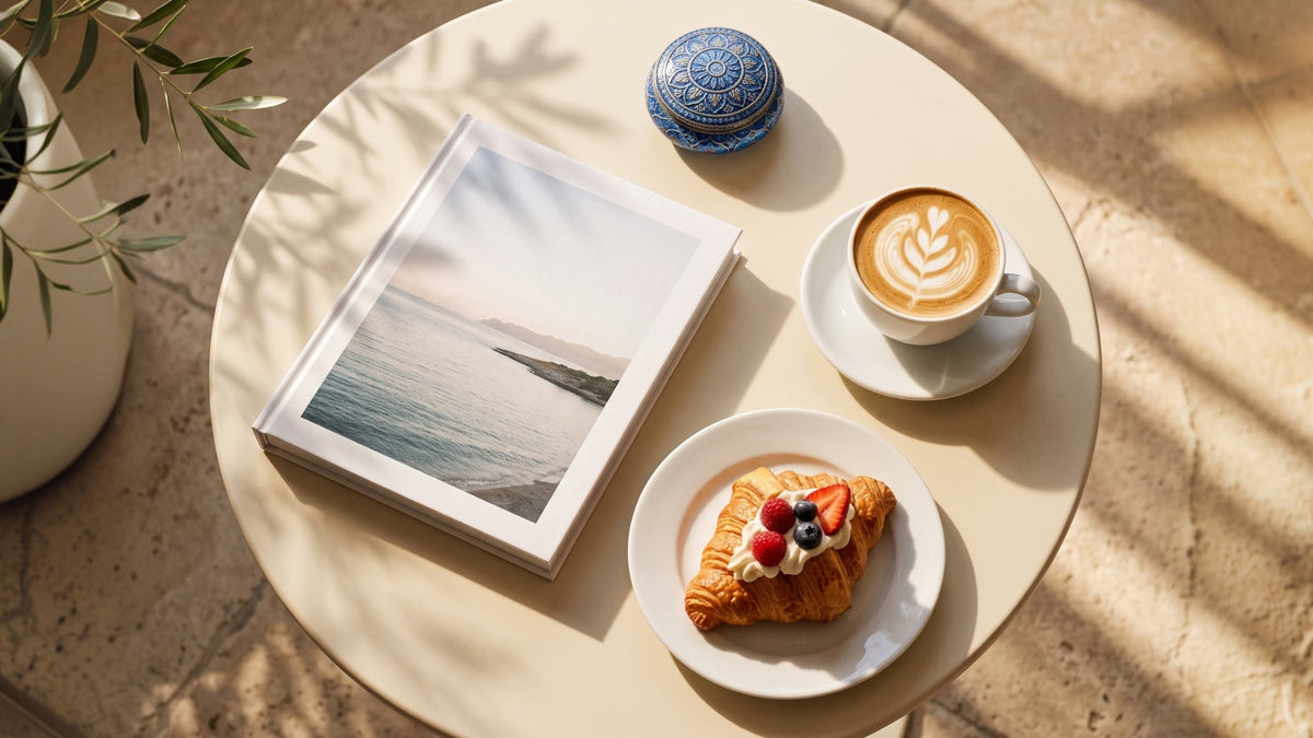 Hardcover coffee table photo book with a sea view cover on a café table next to a coffee and a croissant
