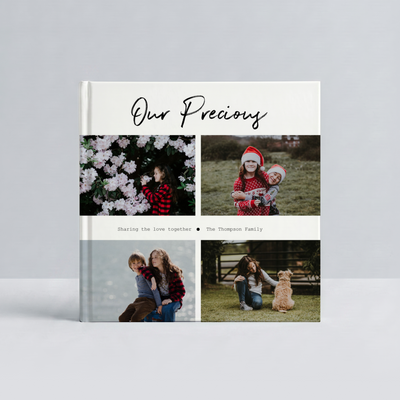 Photo Books showcasing family memories with kids in festive attire and floral backgrounds.